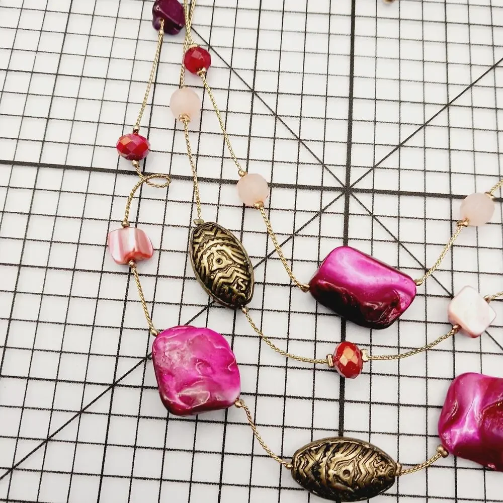 Necklace Multi Strand Pink Shell Bead Gold Tone Statement Resort Y2K Coquette